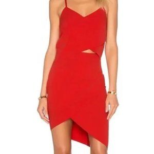 Elliatt x Revolve red cutout asymmetrical holiday mini dress